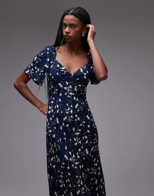 & Other Stories puff sleeve midaxi dress with twist sweetheart neckline in  blue abstract print | ASOS