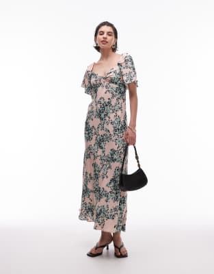 & Other Stories puff sleeve midaxi dress with twist sweetheart neckline in floral print-Multi