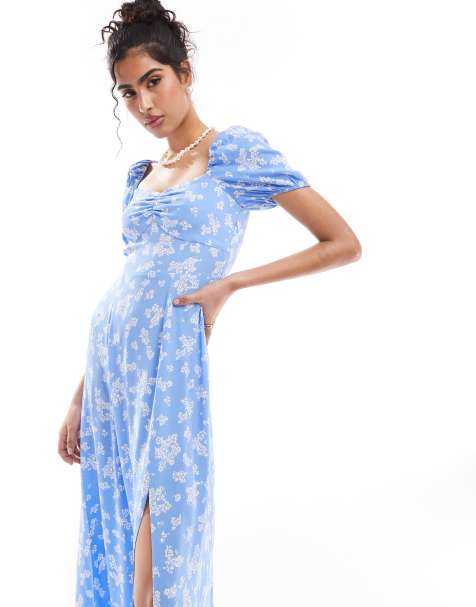 & Other Stories puff sleeve midi dress in blue floral print - view 1