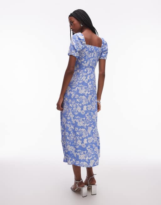 & Other Stories puff sleeve midi dress in blue floral print | ASOS