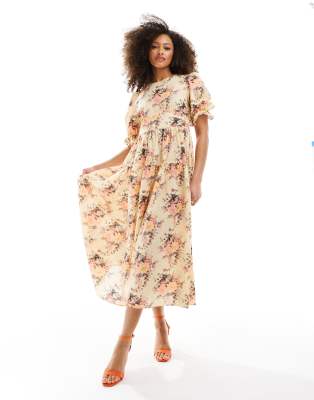 & other stories puff sleeve midi dress in floral print
