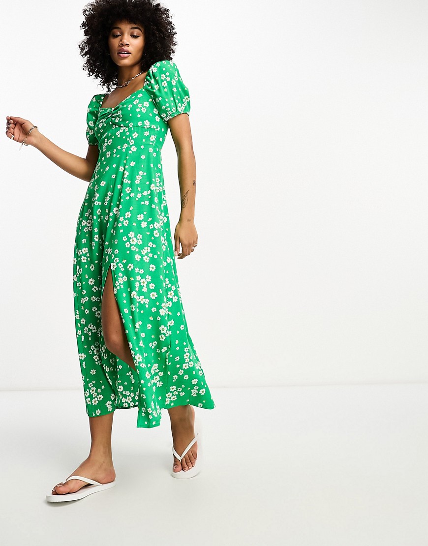 & Other Stories puff sleeve midi dress in green print