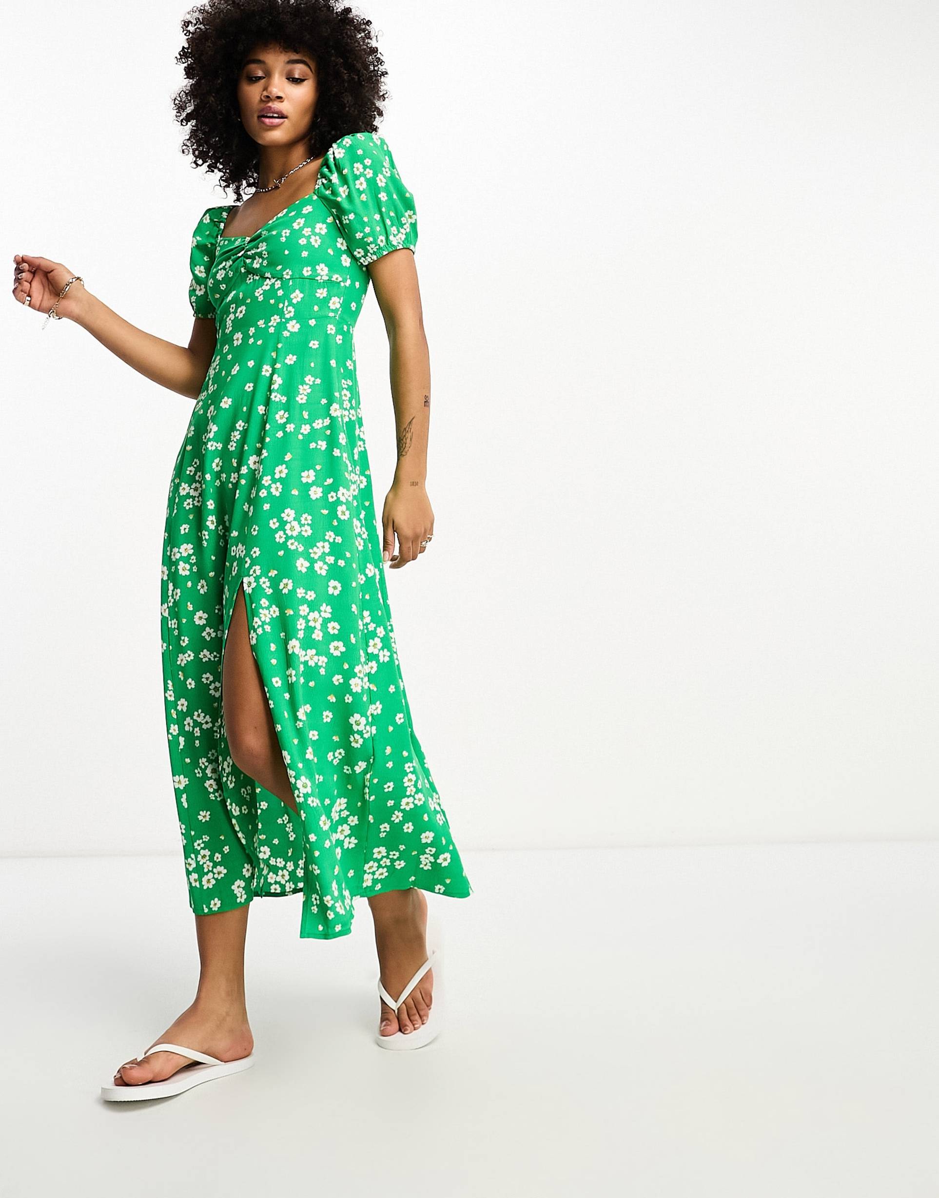 & other stories puff sleeve midi dress in green print