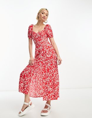 & Other Stories puff sleeve midi dress in red floral