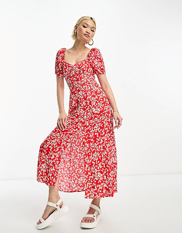 & Other Stories - puff sleeve midi dress in red floral