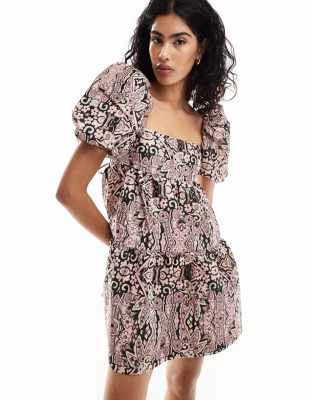 & Other Stories puff sleeve mini dress with tie detail open back and tiered hem in pink and black jacquard-Multi