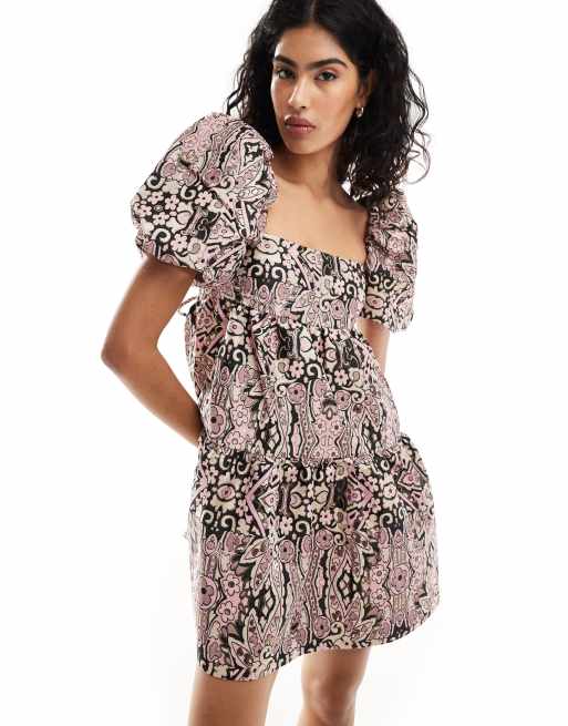 Other Stories puff sleeve mini dress with tie detail open back and tiered hem in pink and black jacquard ASOS