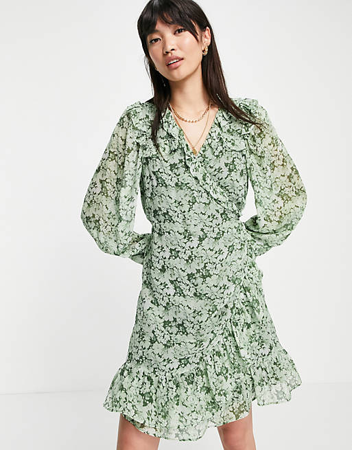 & Other Stories puff sleeve mini wrap dress in green floral