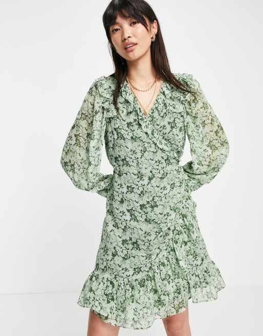 & Other Stories puff sleeve mini wrap dress in green floral | ASOS