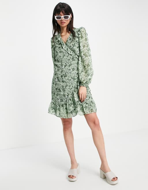 Other Stories puff sleeve mini wrap dress in green floral ASOS