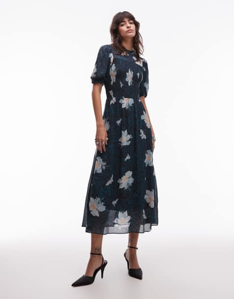 & Other Stories puff sleeves midi dress with shirred bodice in bold flower print - view 1