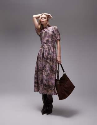 & Other Stories puff sleeves midi dress with shirred bodice in lilac abstract print-Purple