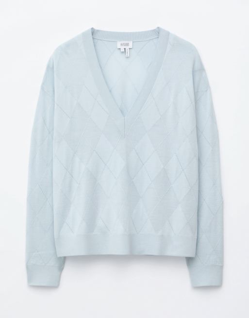 & Other Stories pull col V profond en laine mérinos argyle bleu turquoise clair, 4 de 4