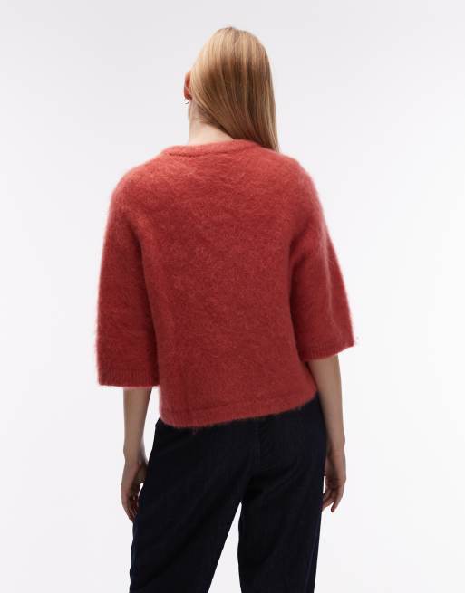 & Other Stories - Pull coupe carrée à manches courtes en laine et mohair - Rouge brique, 2 de 4