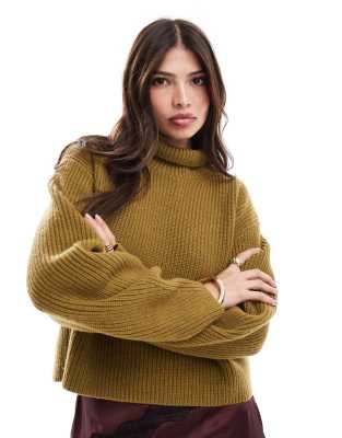 Pull de laine côtelée à col cheminée fendu à l'arrière et manches bouffantes - Vert olive M