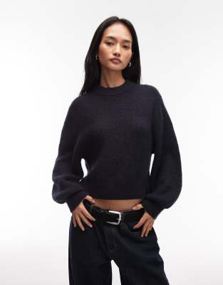 Pull en laine et alpaga à manches volumineuses - Bleu marine L