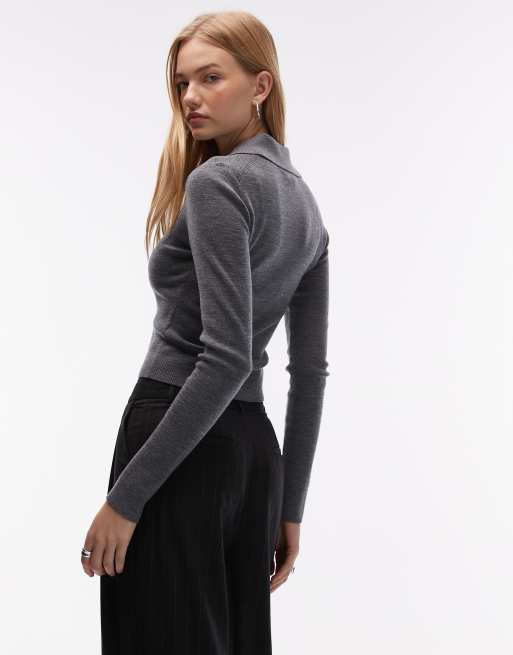 & Other Stories - Pull en maille à col polo - Gris foncé , 2 de 4