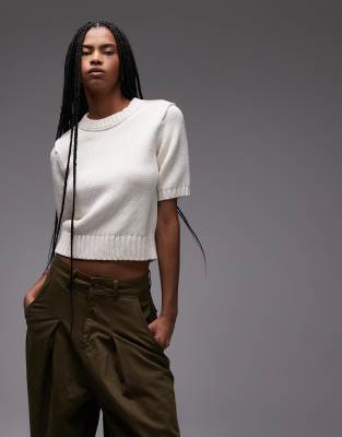 Pull en maille de laine de coton mélangée torsadée à manches courtes - Blanc cassé M