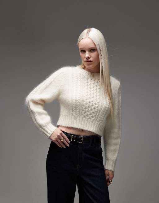 & Other Stories – Pullover aus Mohair und Wolle in Weiß mit Rundhalsausschnitt und Zopfmuster, 4 von 4