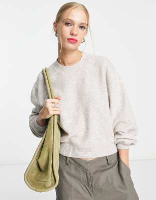 & Other Stories - Pullover in Hellbeige mit Rundhalsausschnitt und Ballonärmeln-Neutral