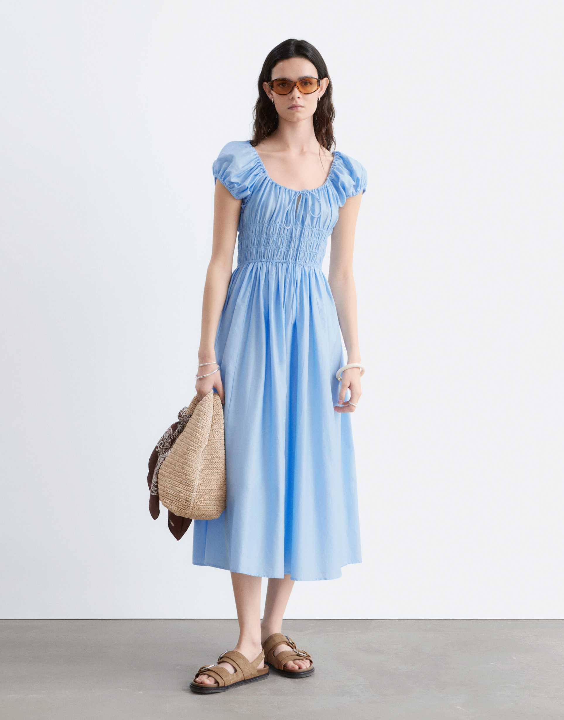 & other stories pure cotton effect short sleeve scoop neck midi dress in blue