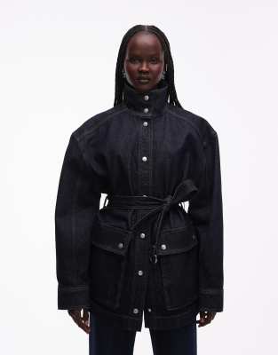 & Other Stories Pure Cotton Funnel Neck Denim Short Jacket With Belt Detail In Blue