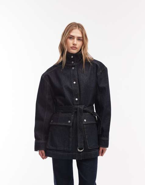 & Other Stories pure cotton funnel neck denim short jacket with belt detail in dark blue - view 1