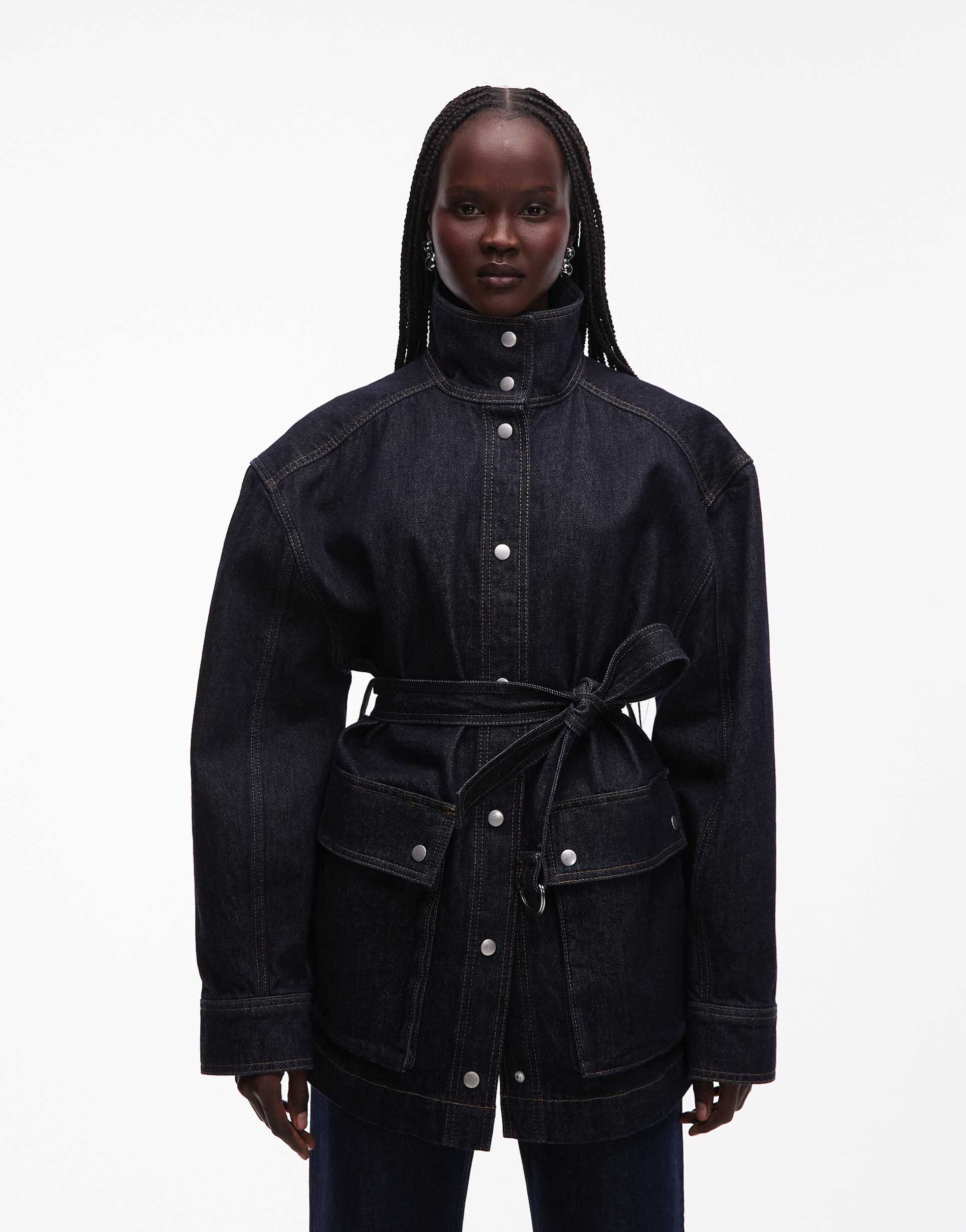 & other stories pure cotton funnel neck denim short jacket with belt detail in dark blue