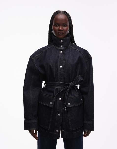 & Other Stories pure cotton funnel neck denim short jacket with belt detail in dark blue