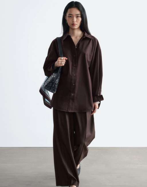 & Other Stories pure cotton over sized shirt with pocket in chocolate brown , 2 of 3