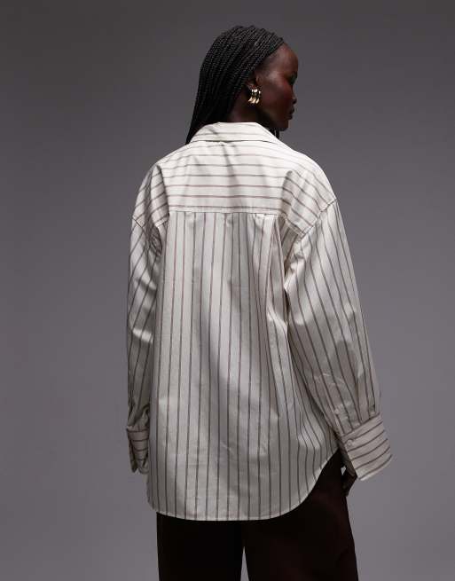 & Other Stories pure cotton oversized fit shirt in off white with burgundy stripe, 4 of 4