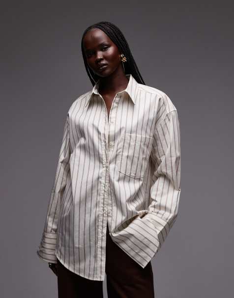 & Other Stories pure cotton oversized fit shirt in off white with burgundy stripes - view 1