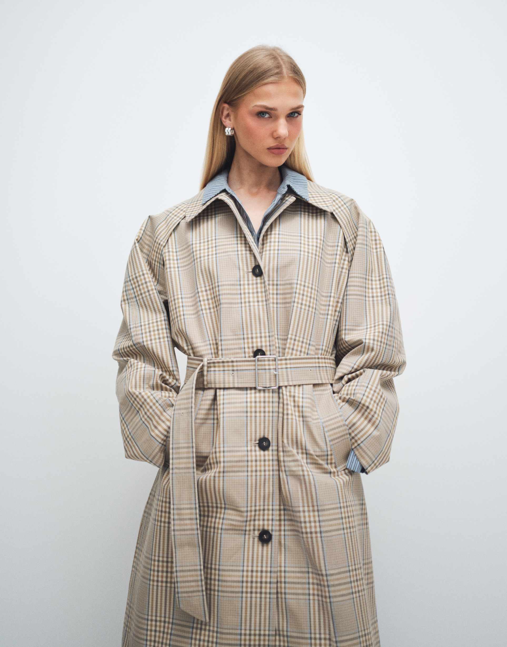 & other stories pure cotton plaid trench coat in light beige
