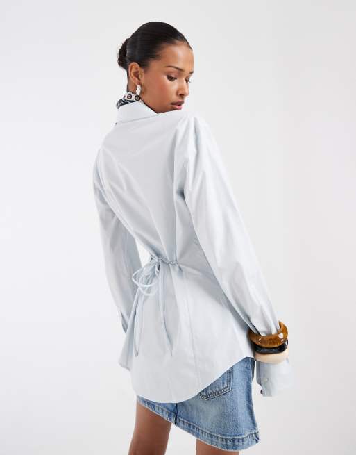 & Other Stories pure cotton poplin shirt with back tie detail in light blue, 4 of 4