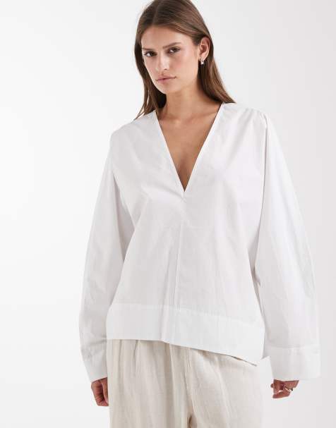 & Other Stories pure cotton poplin v neck balloon shape blouse in white - view 1