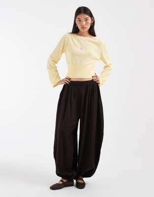 & Other Stories Pure Cotton Ribbed Waist Open Neck Light Knit Top In Yellow