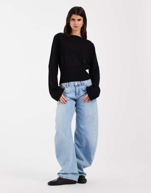 & Other Stories pure cotton ribbed waist open neck light knitted top in black, 2 of 4