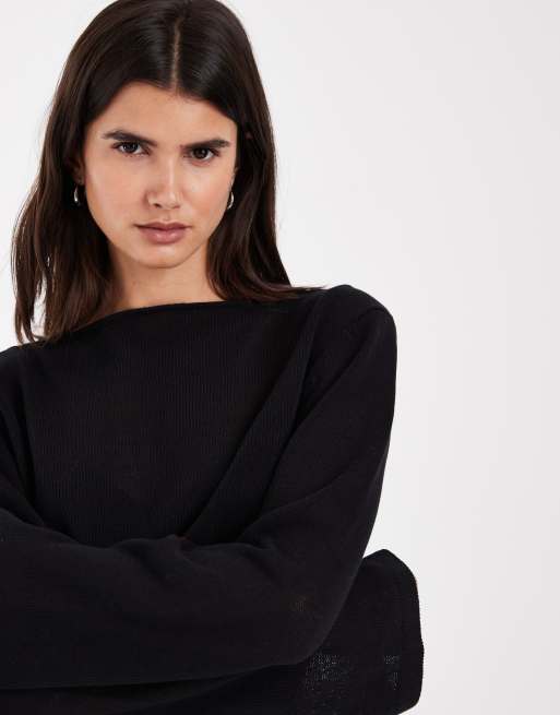 & Other Stories pure cotton ribbed waist open neck light knitted top in black, 3 of 4