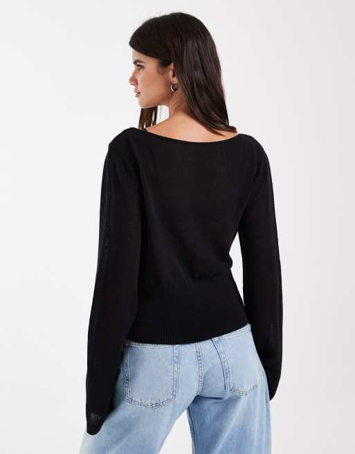 & Other Stories pure cotton ribbed waist open neck light knitted top in black, 4 of 4
