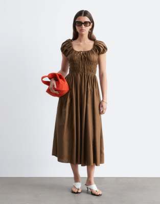 & Other Stories Pure Cotton Short Sleeve Scoop Neck Midi Dress In Brown