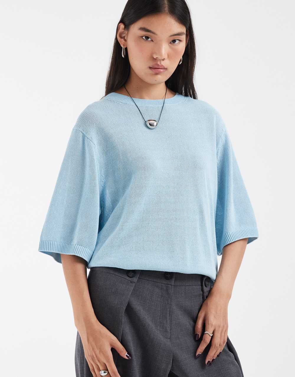 & Other Stories pure cotton slouchy short sleeve light open knitted t-shirt in blue