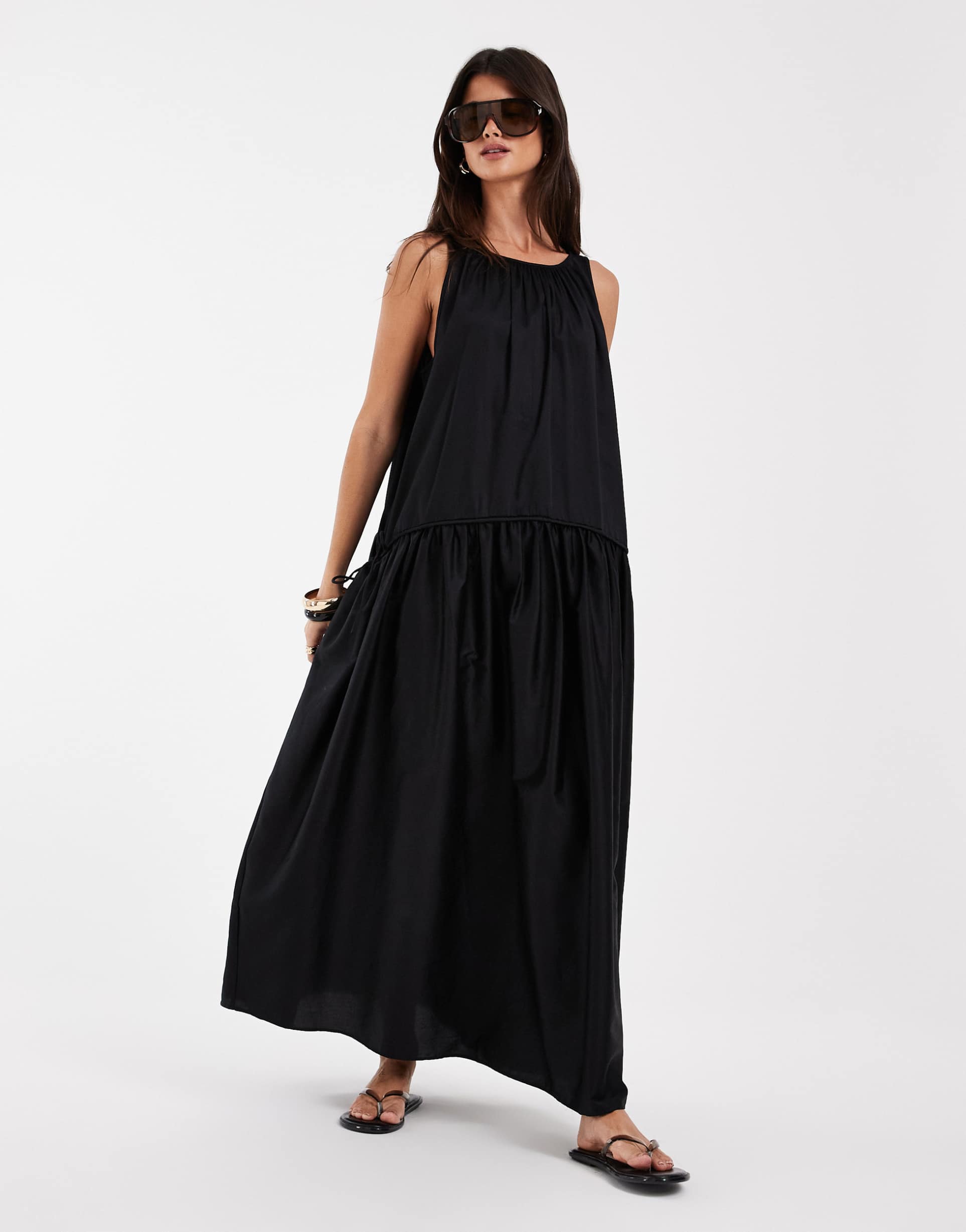 & other stories pure cotton trapeze maxi dress with dropped waist in black