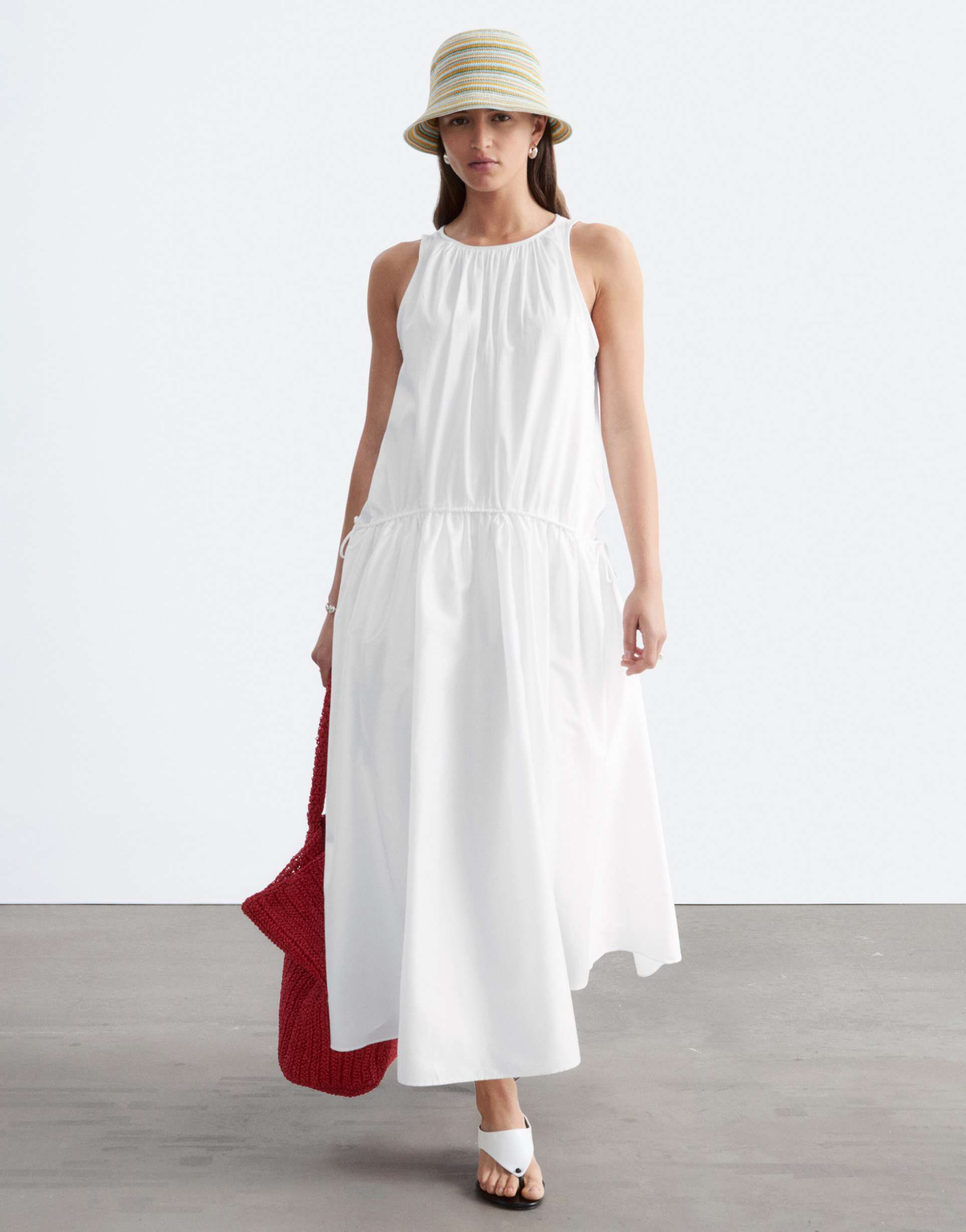 & other stories pure cotton trapeze midaxi dress with dropped waist in white