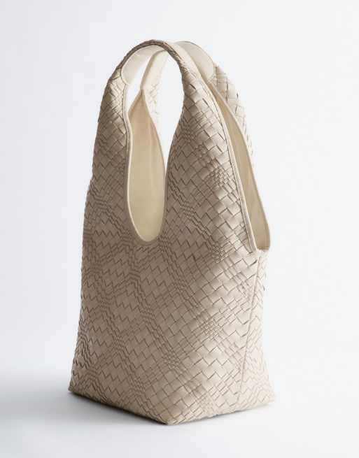 & Other Stories pure leather braided shopper tote in light stone beige, 4 of 4