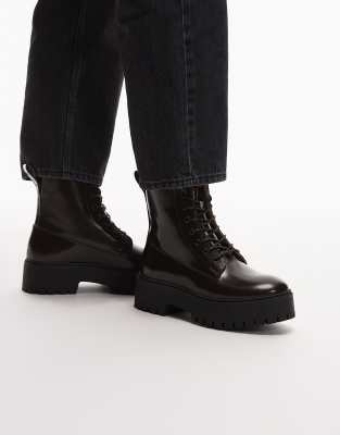 &  pure leather chunky leather lace up boots in dark brown 