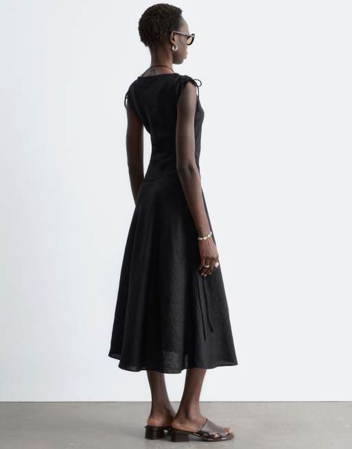 & Other Stories pure linen asymmetric midi dress in black, 3 of 4