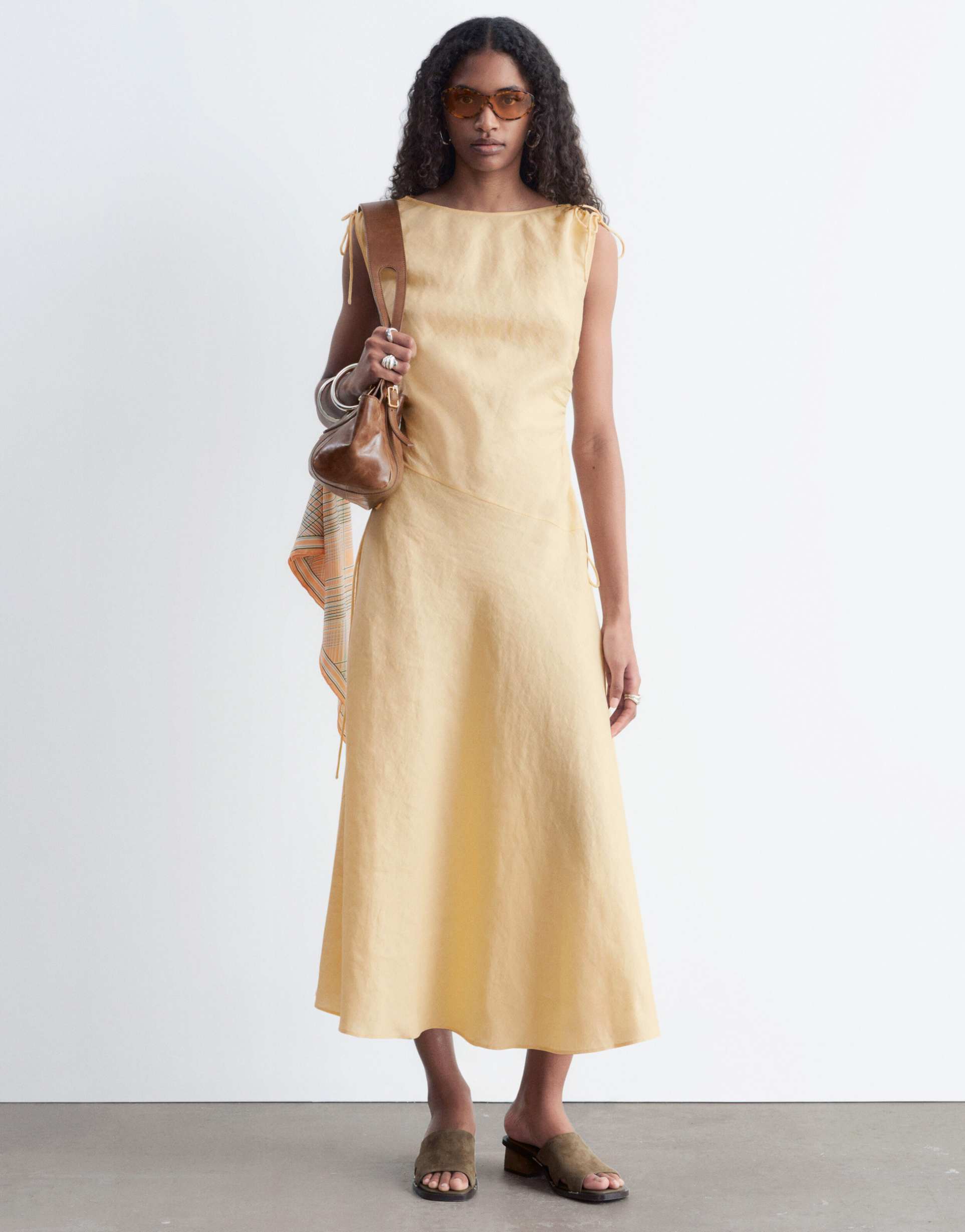 & other stories pure linen asymmetric midi dress in light yellow
