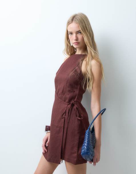 & Other Stories pure linen square neck mini dress with wrap front in brown - view 1