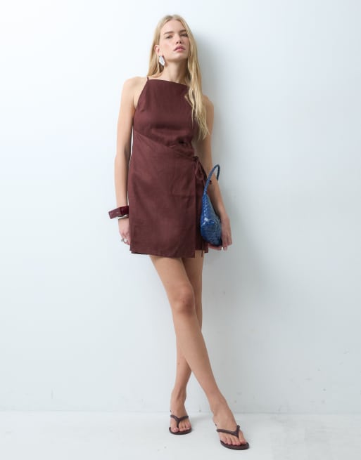 & Other Stories pure linen square neck mini dress with wrap front in brown, 2 of 4