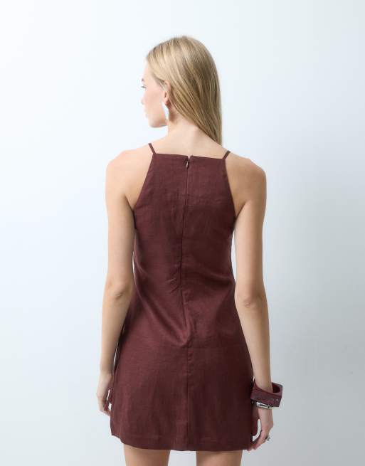 & Other Stories pure linen square neck mini dress with wrap front in brown, 4 of 4